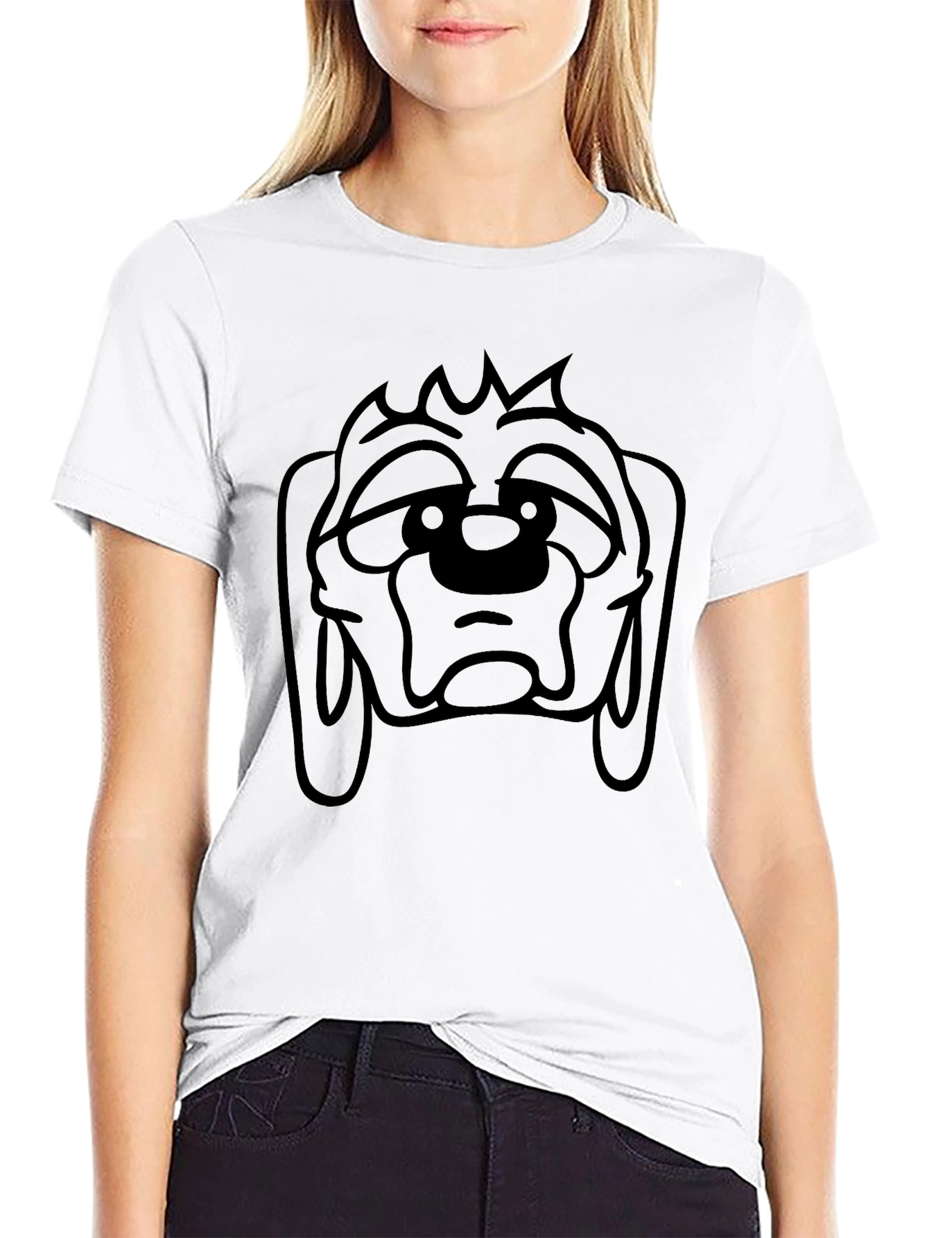 Camiseta Negra con Estampado de Cara de Perro Triste