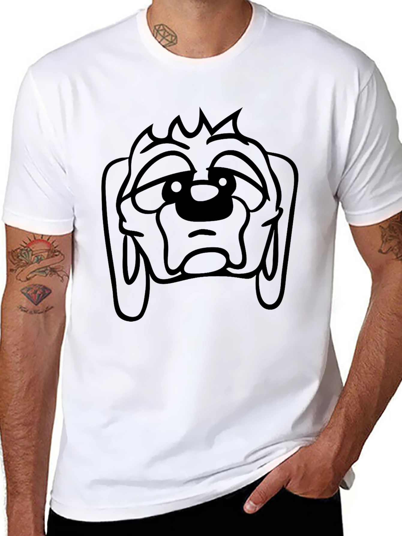 Camiseta Negra con Estampado de Cara de Perro Triste