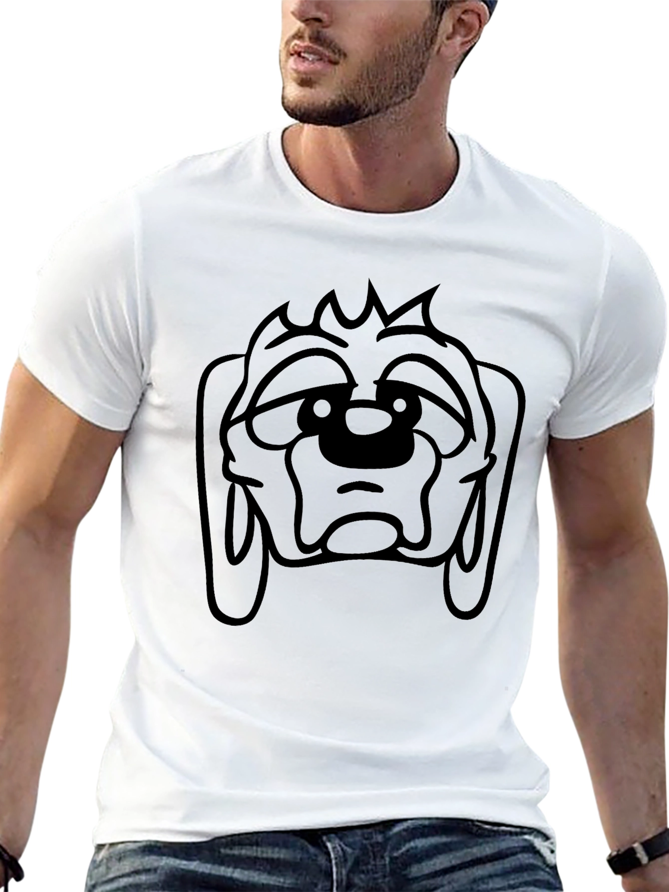Camiseta Negra con Estampado de Cara de Perro Triste
