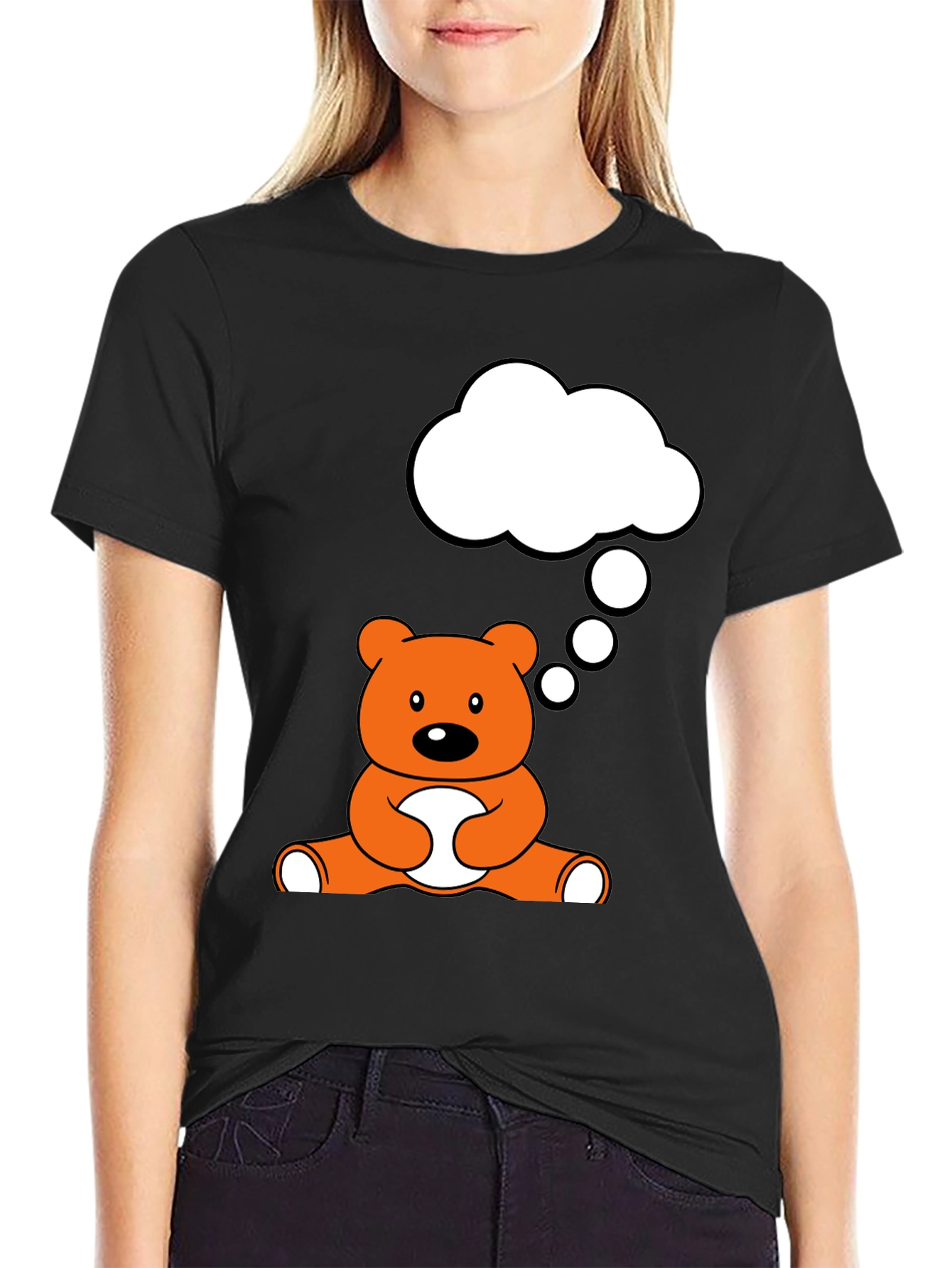 Camiseta Negra con Diseño de Oso Pensativo