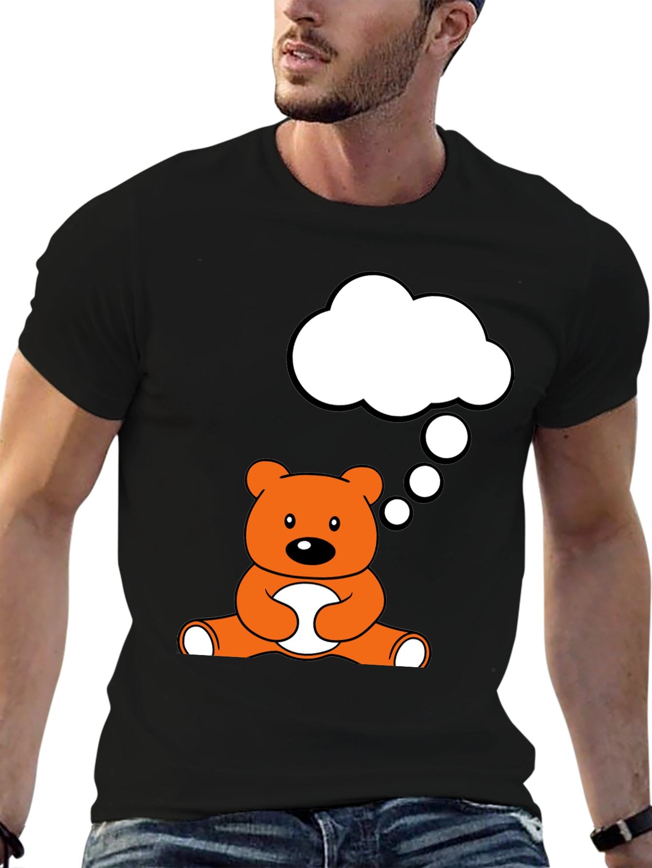 Camiseta Negra con Diseño de Oso Pensativo
