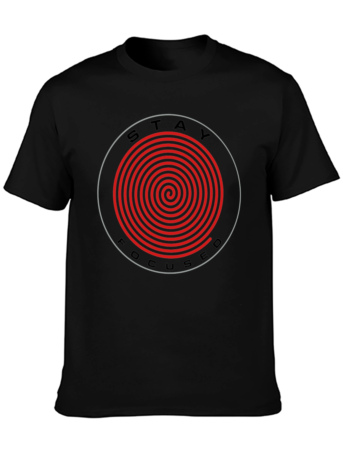Camiseta Negra Stay Focused con Espiral Roja