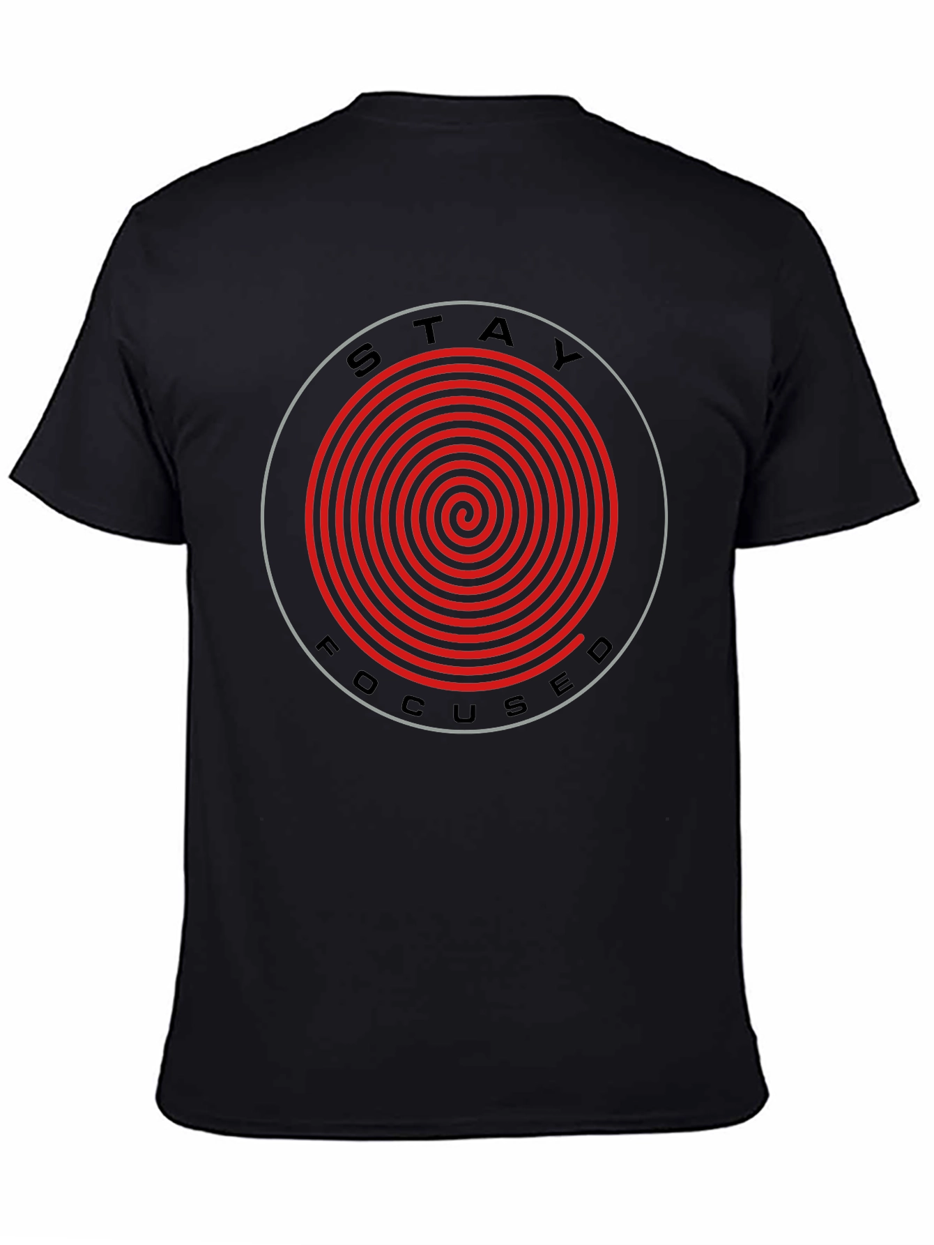 Camiseta Negra Stay Focused con Espiral Roja