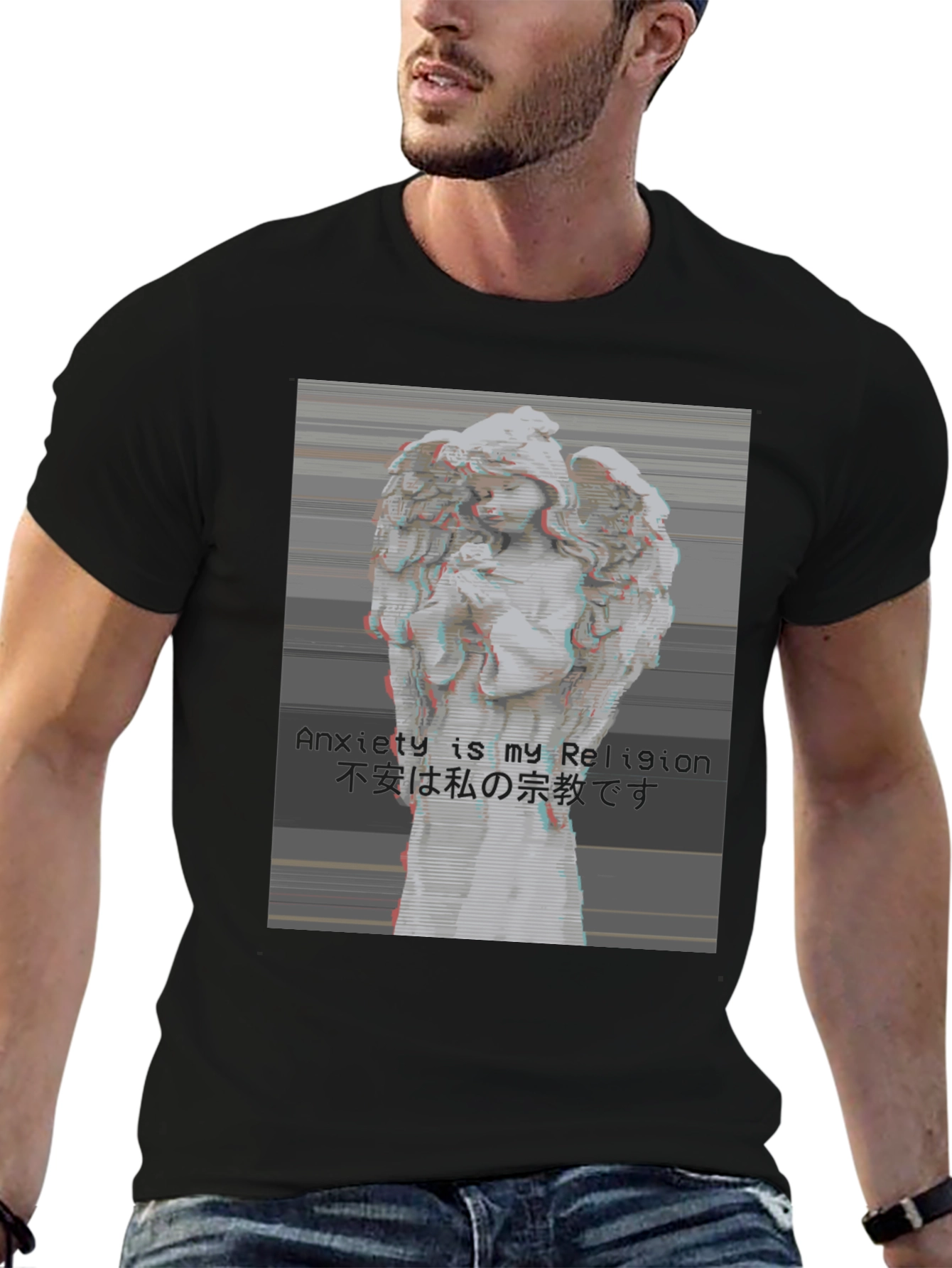 Camiseta Negra Ángel Vaporwave Anxiety is My Religion