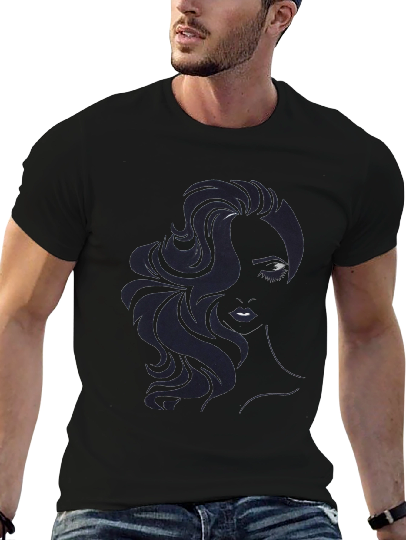 Camiseta Negra con Diseño de Rostro Femenino