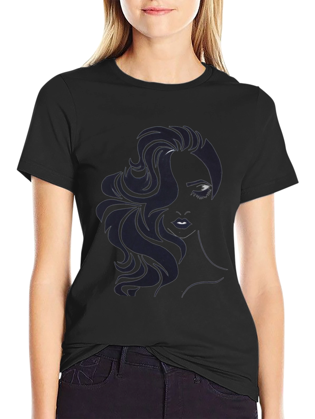 Camiseta Negra con Diseño de Rostro Femenino