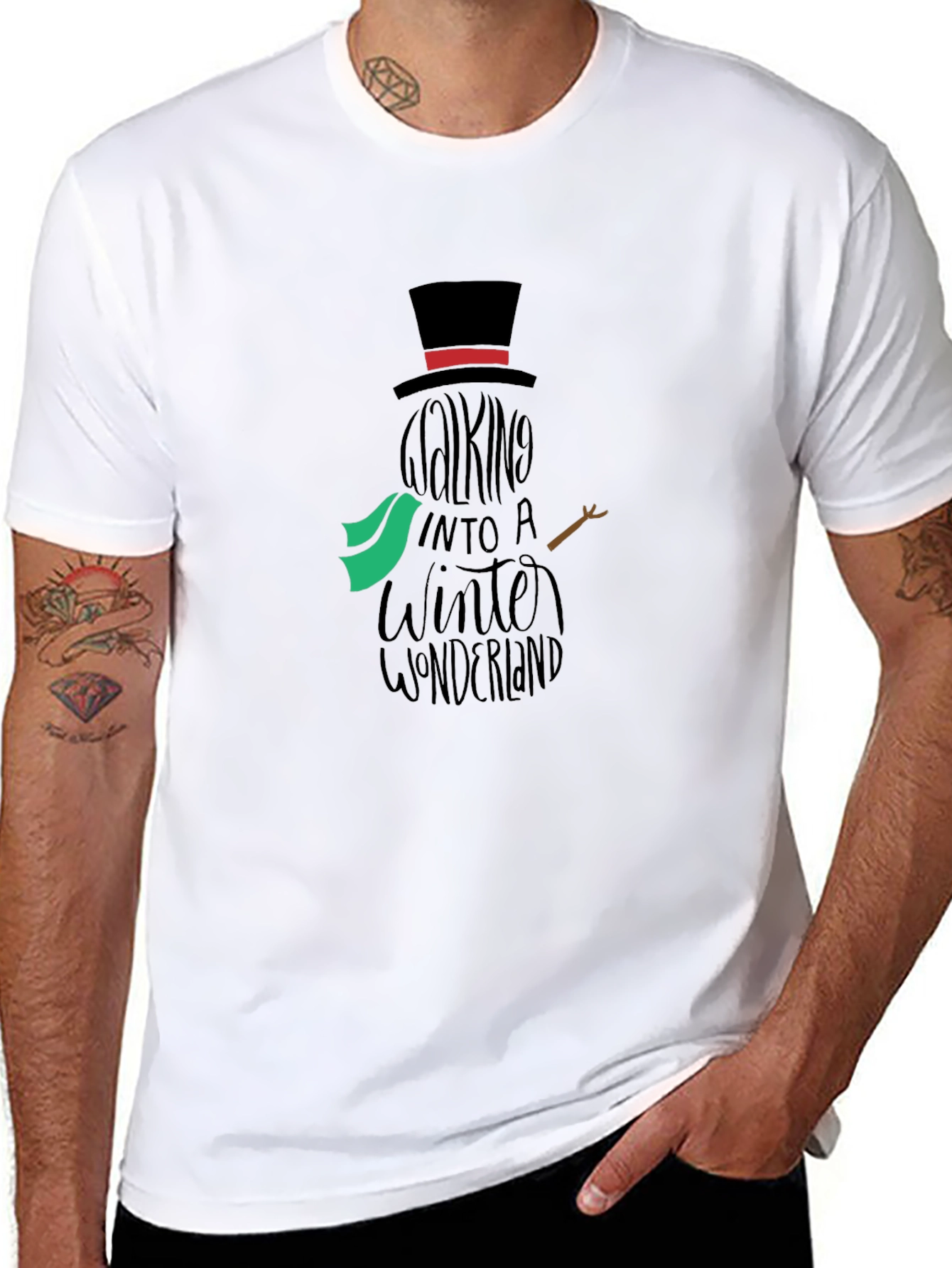 Camiseta Negra con Diseño de Muñeco de Nieve Invernal