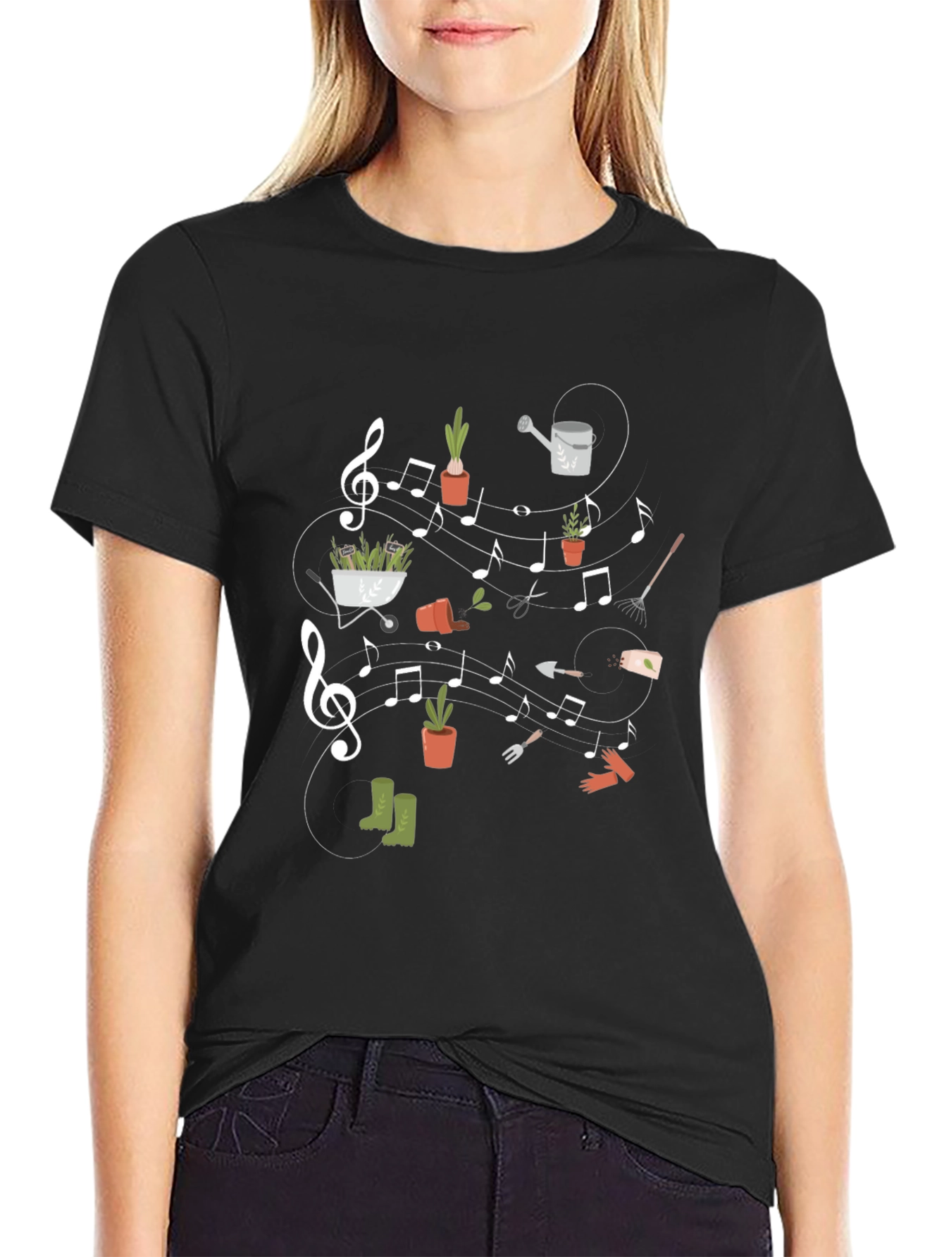 Camiseta Negra con Diseño de Jardinería Musical