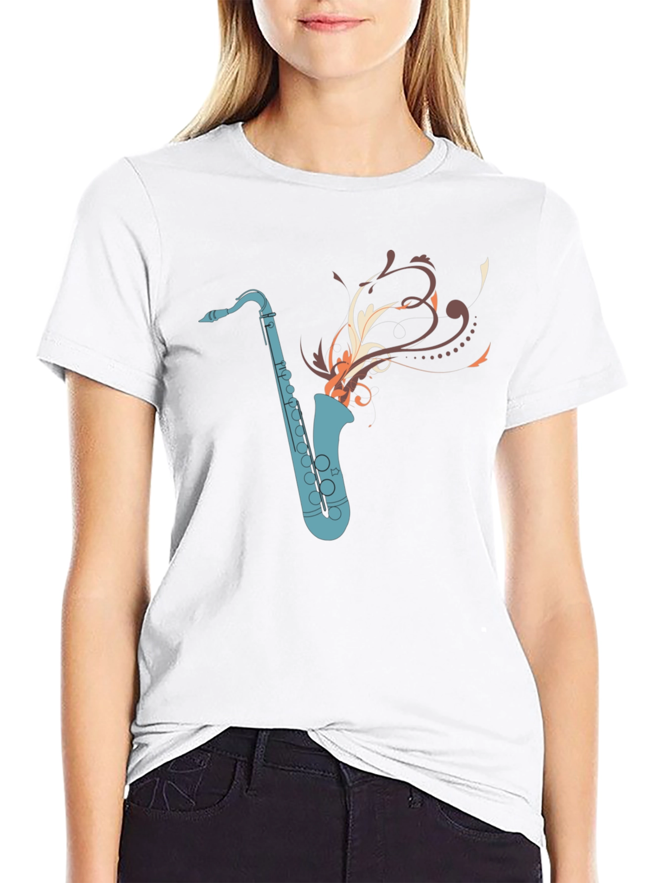 Camiseta Negra con Diseño de Saxofón Abstracto