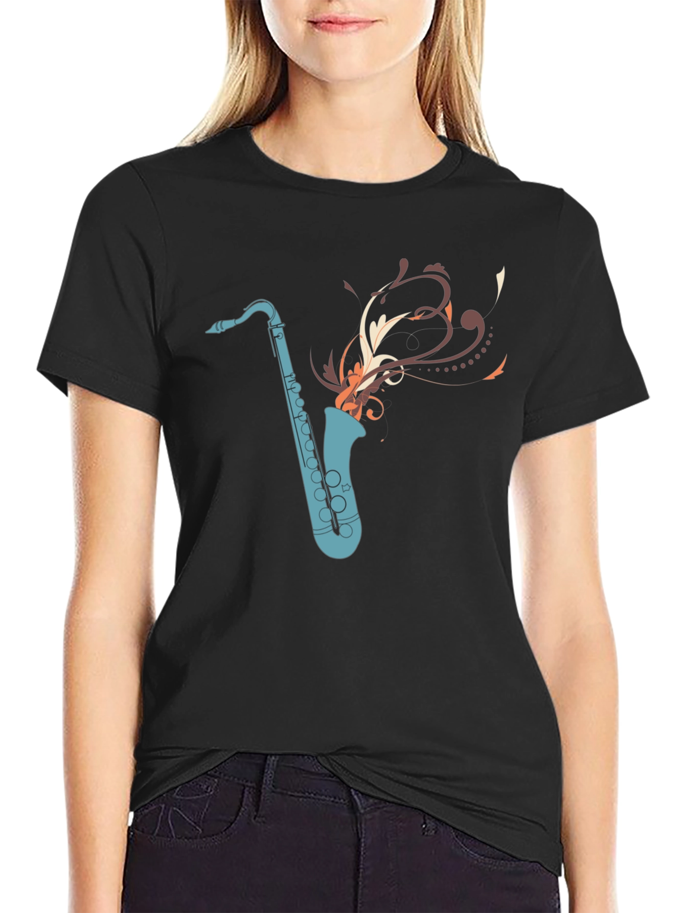 Camiseta Negra con Diseño de Saxofón Abstracto