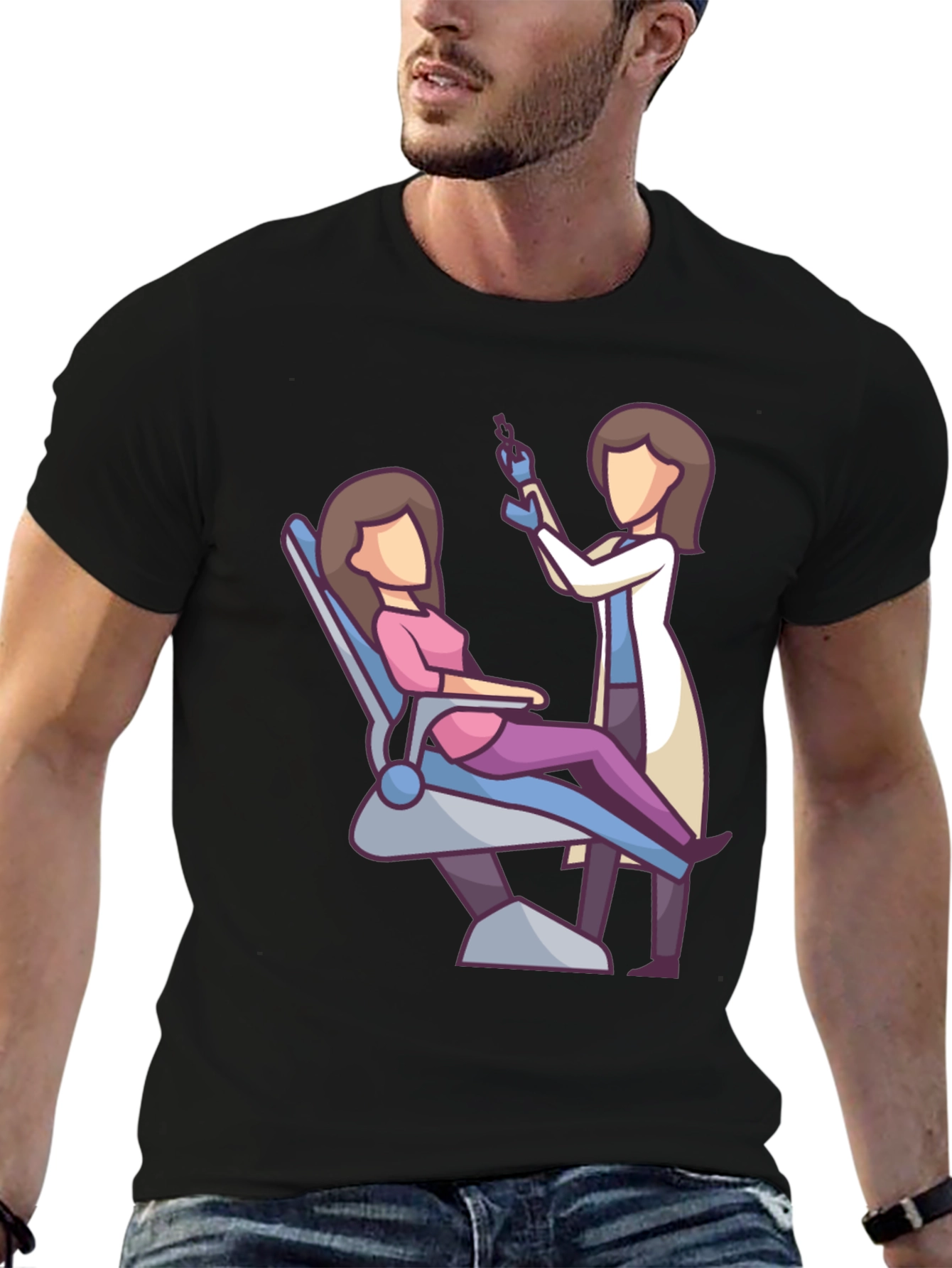 Camiseta Negra con Diseño de Dentista y Paciente