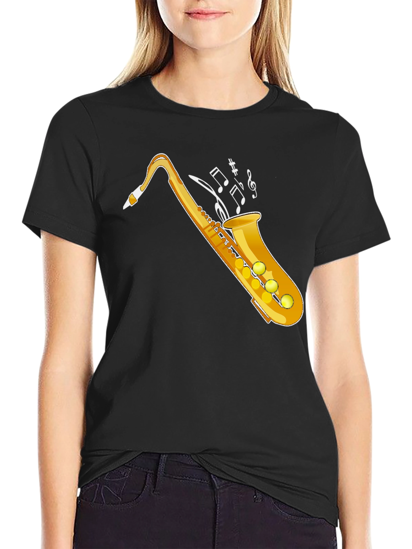Camiseta Negra con Diseño de Saxofón Dorado