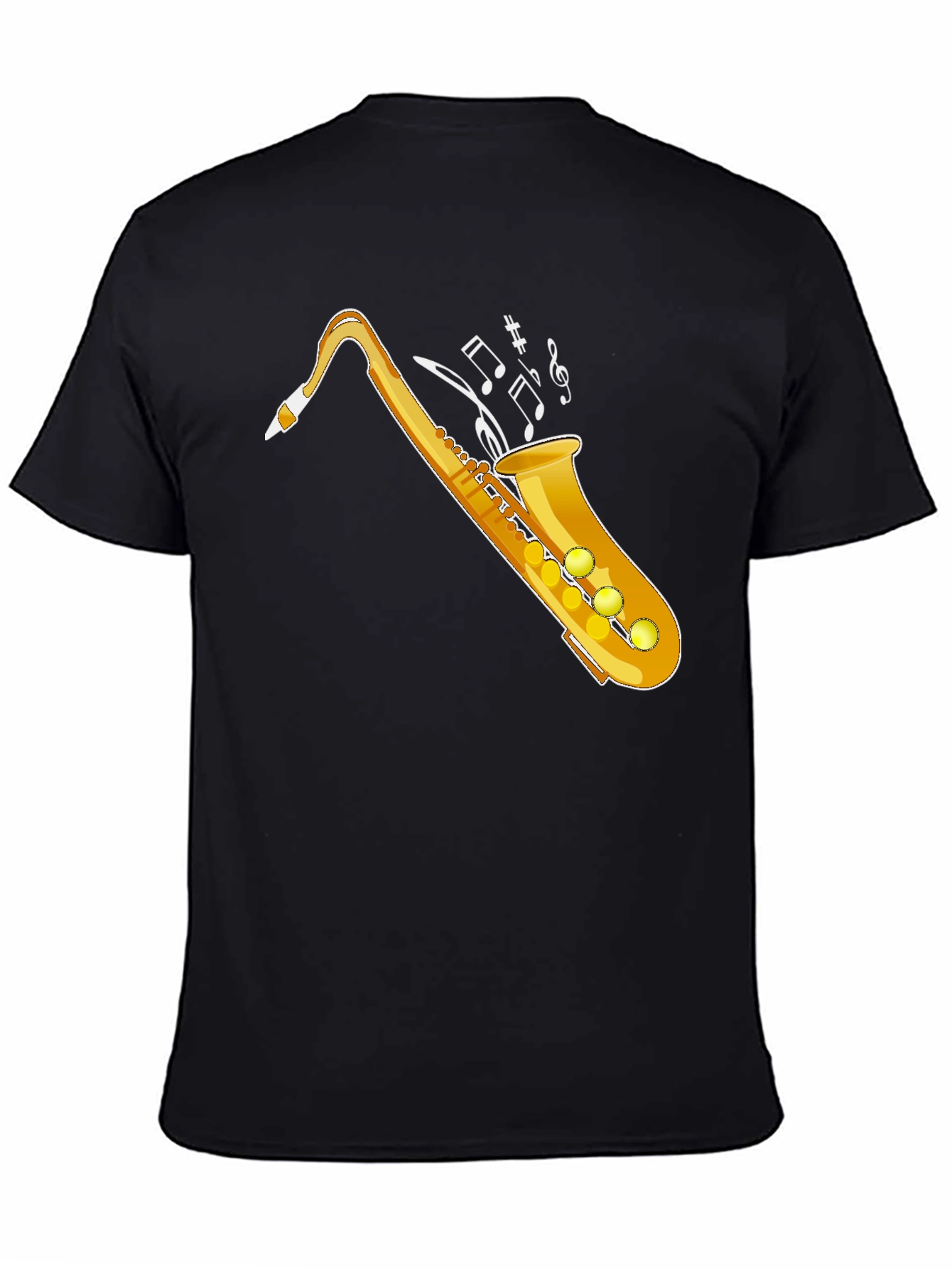 Camiseta Negra con Diseño de Saxofón Dorado