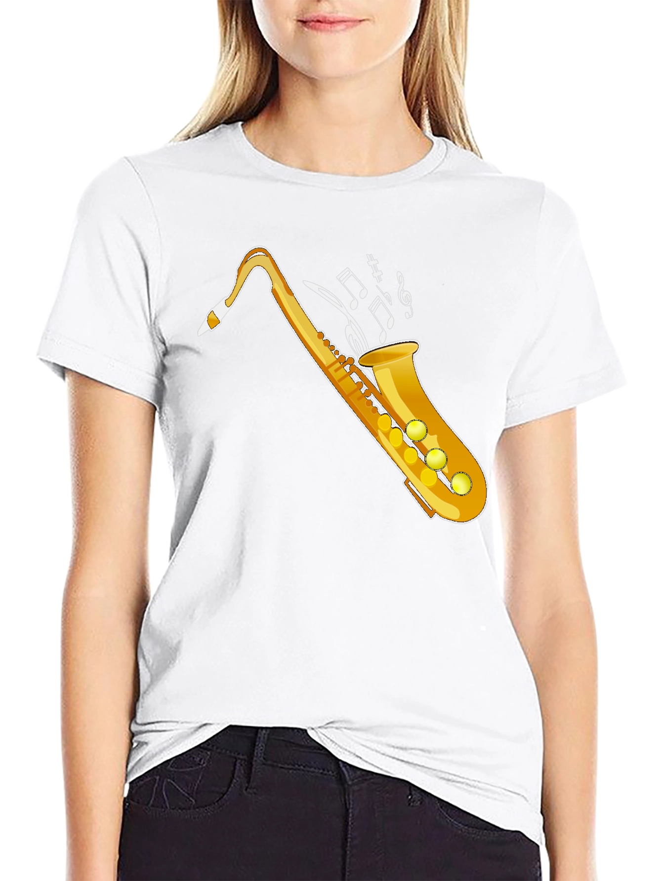 Camiseta Negra con Diseño de Saxofón Dorado