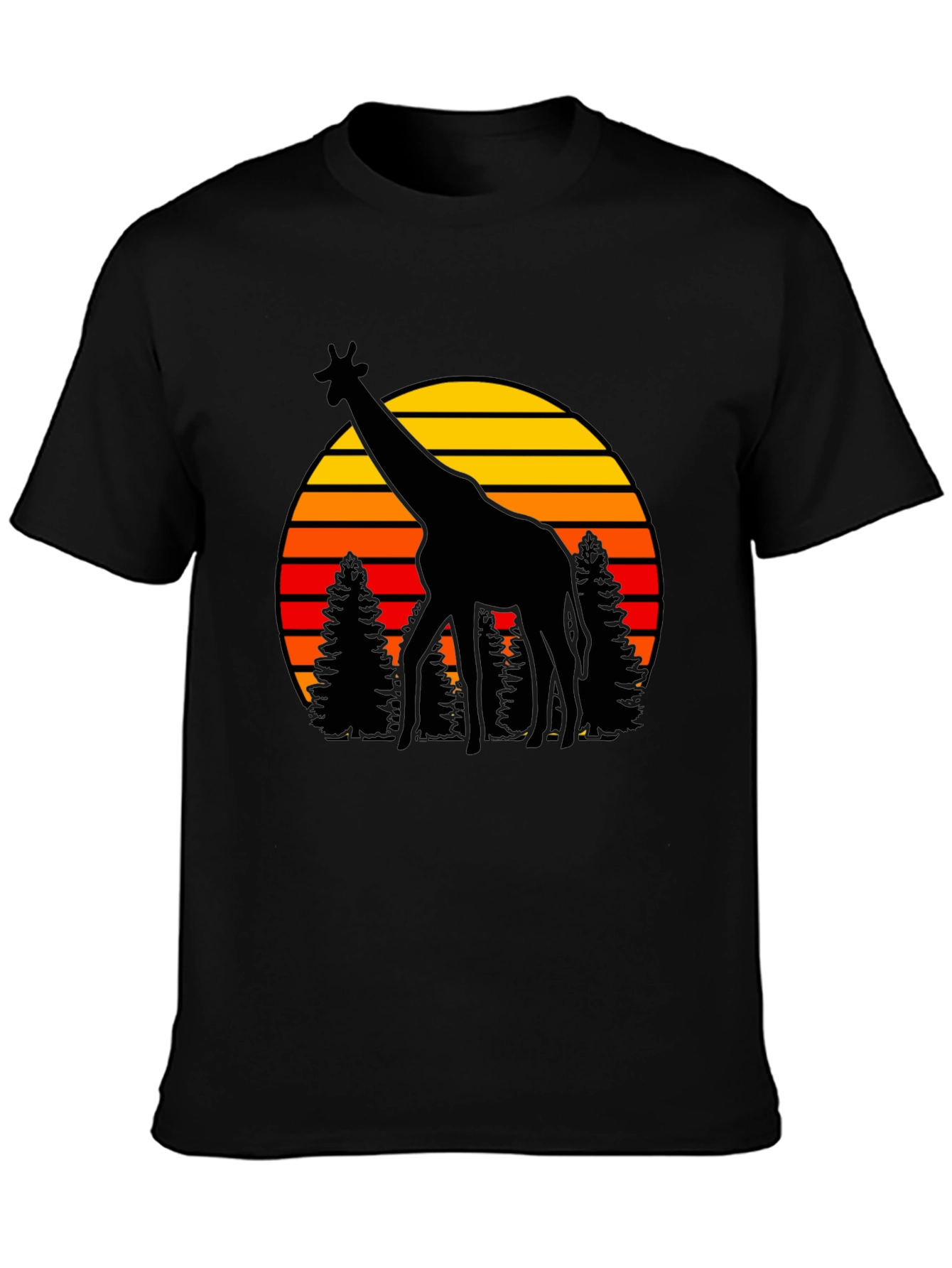 Camiseta Negra con Jirafa y Atardecer Retro
