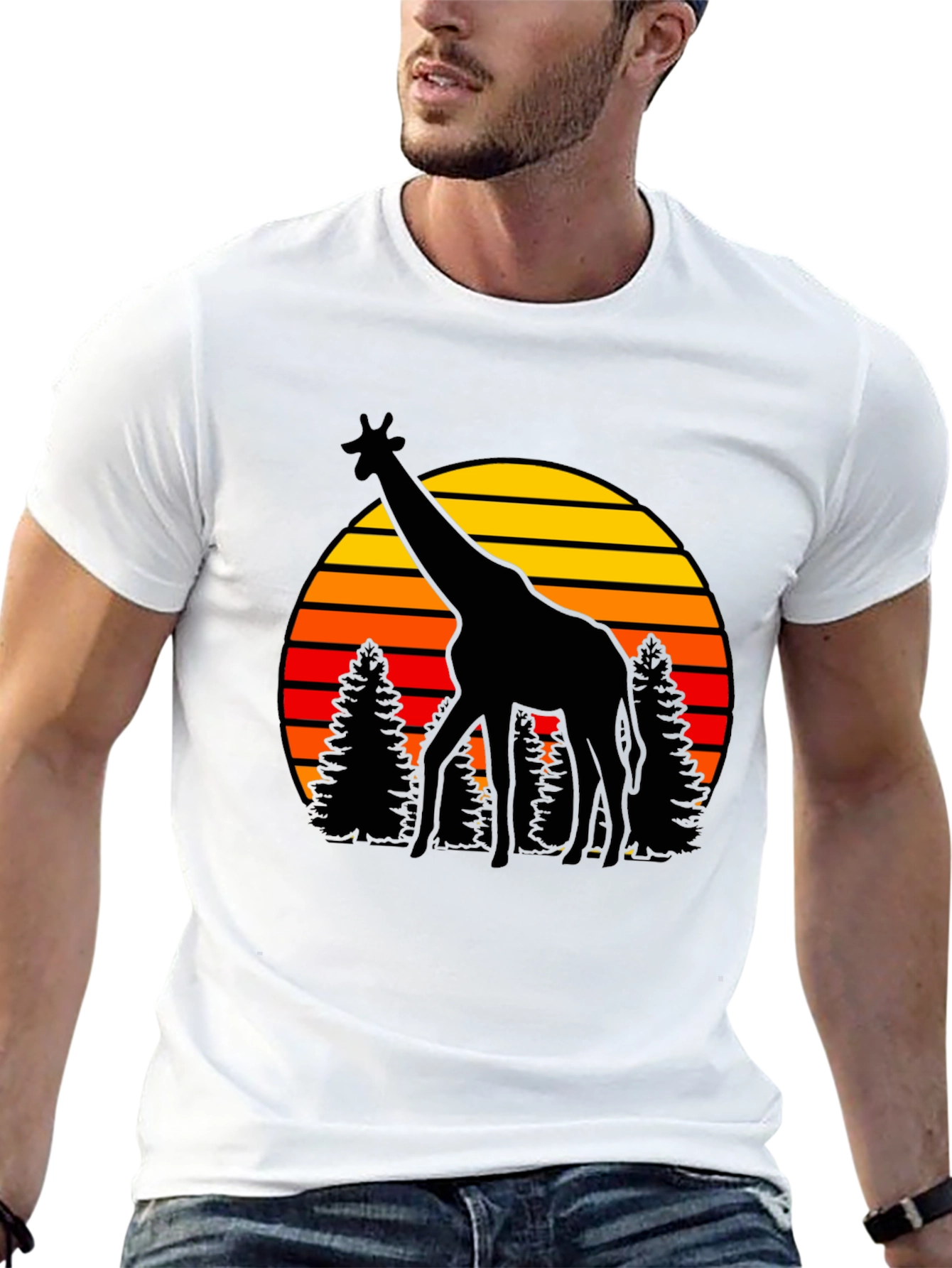Camiseta Negra con Jirafa y Atardecer Retro