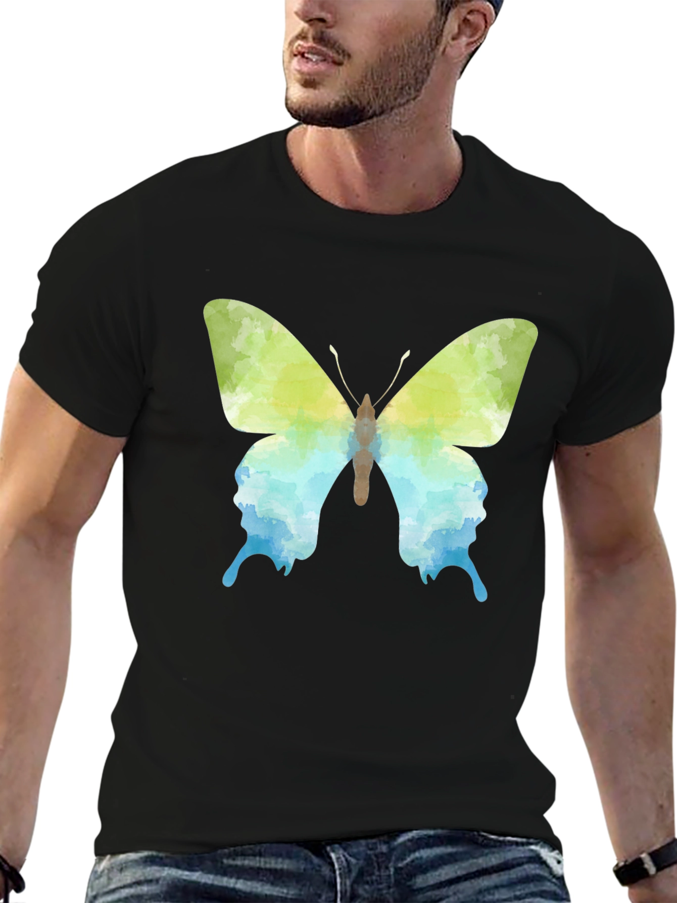 Camiseta Negra con Diseño de Mariposa Acuarela