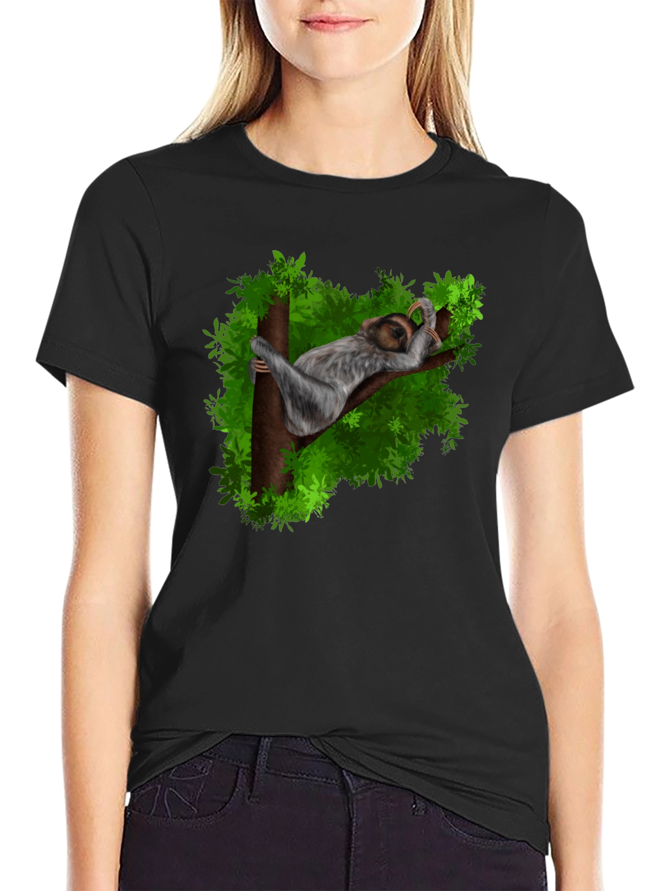 Camiseta Negra con Diseño de Perezoso Durmiendo