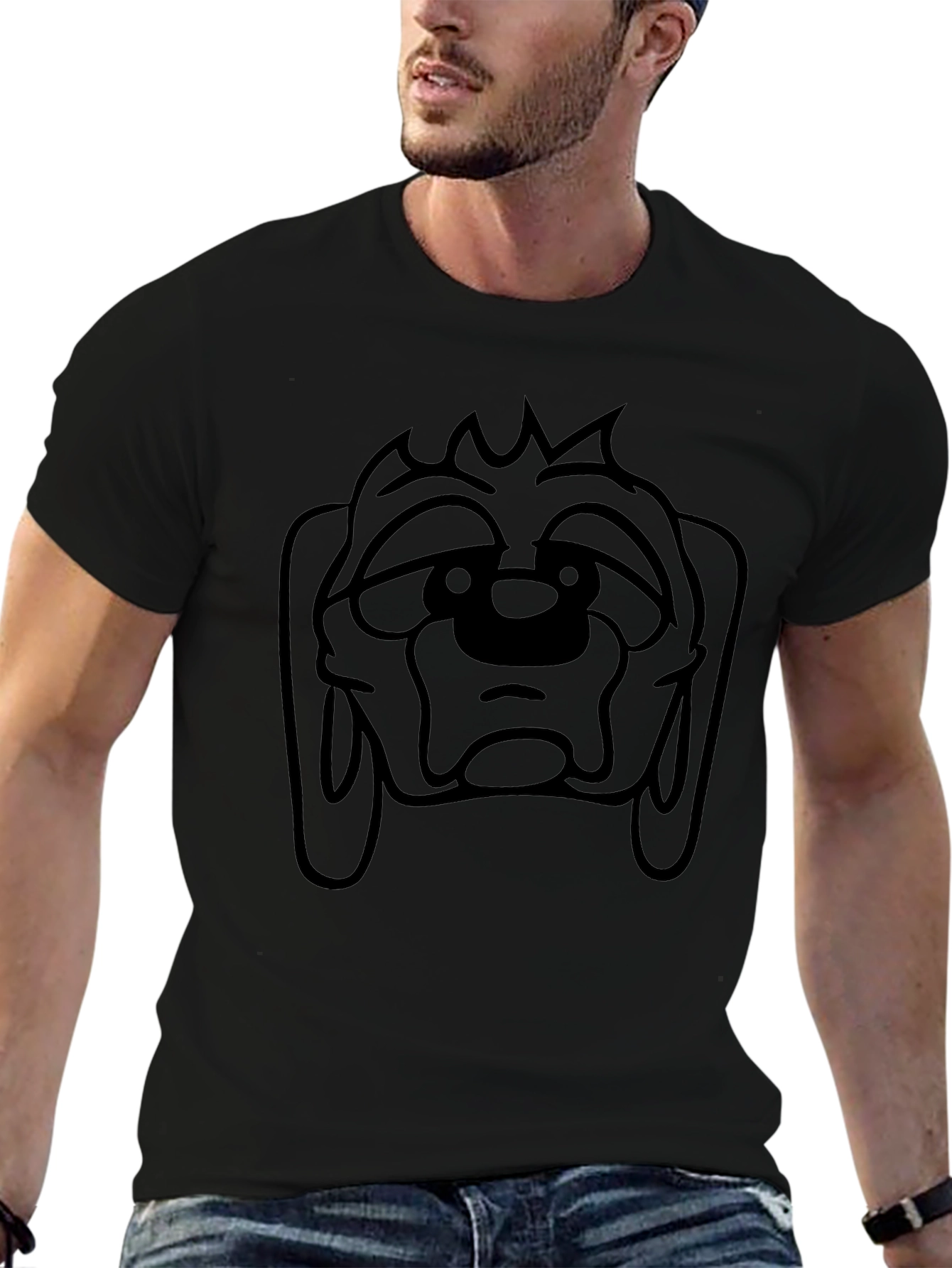 Camiseta Negra con Estampado de Cara de Perro Triste