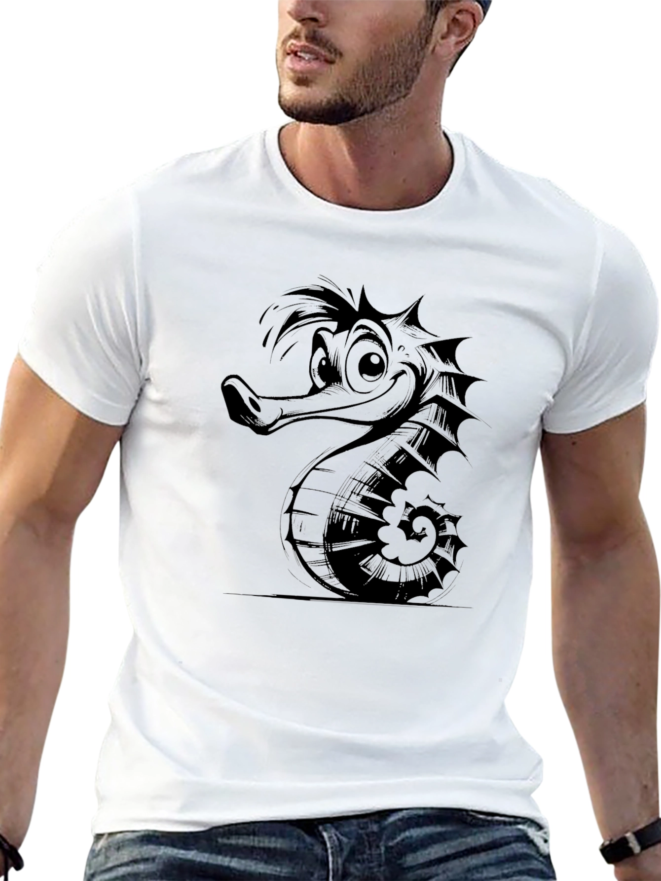 Camiseta Negra Hombre Diseño Hipocampo Divertido