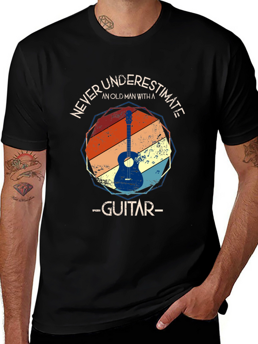 Camiseta Negra con Diseño de Guitarra Vintage para Hombre