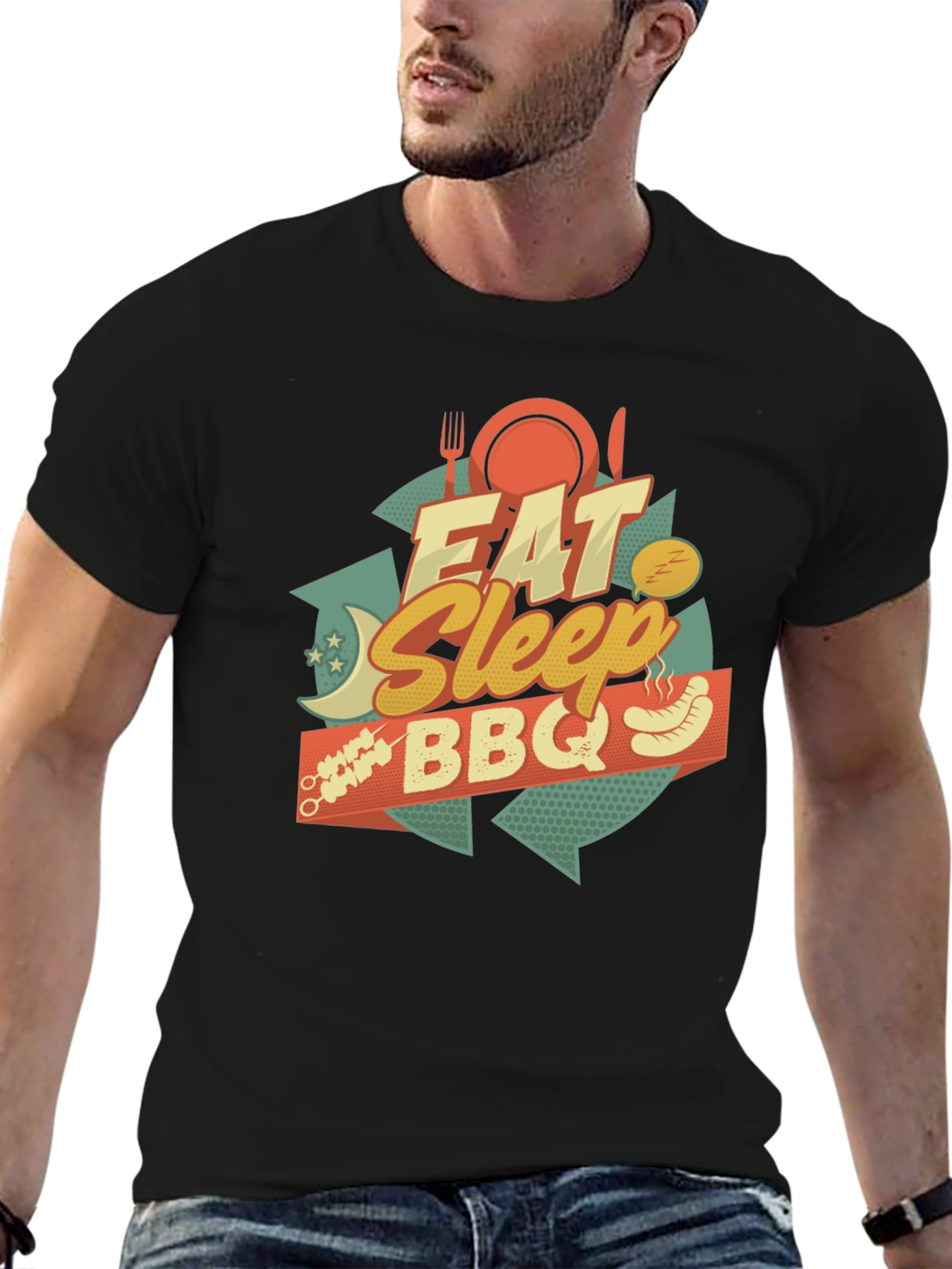 Camiseta Negra Estampada: Come Duerme BBQ