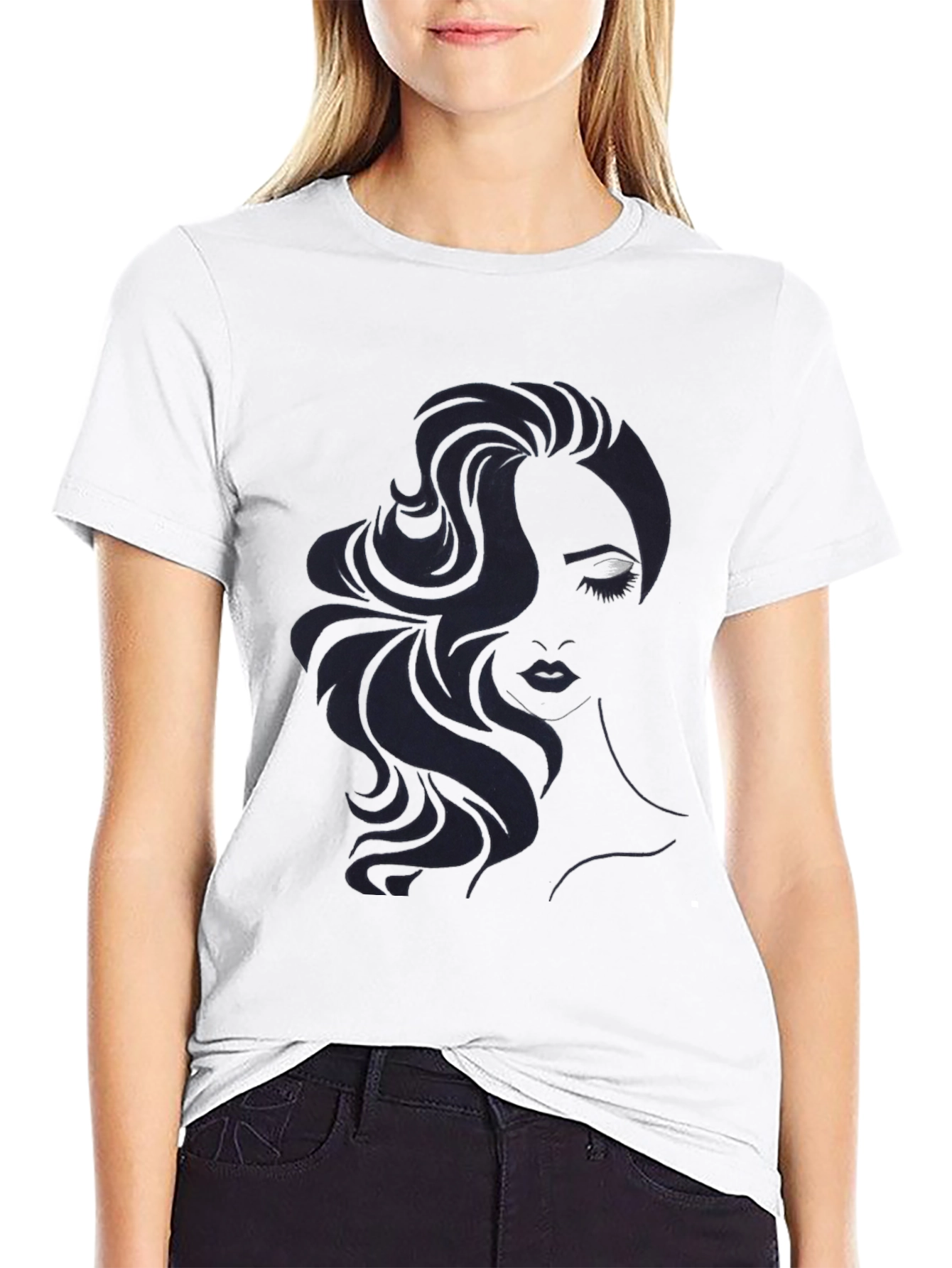 Camiseta Negra con Diseño de Rostro Femenino