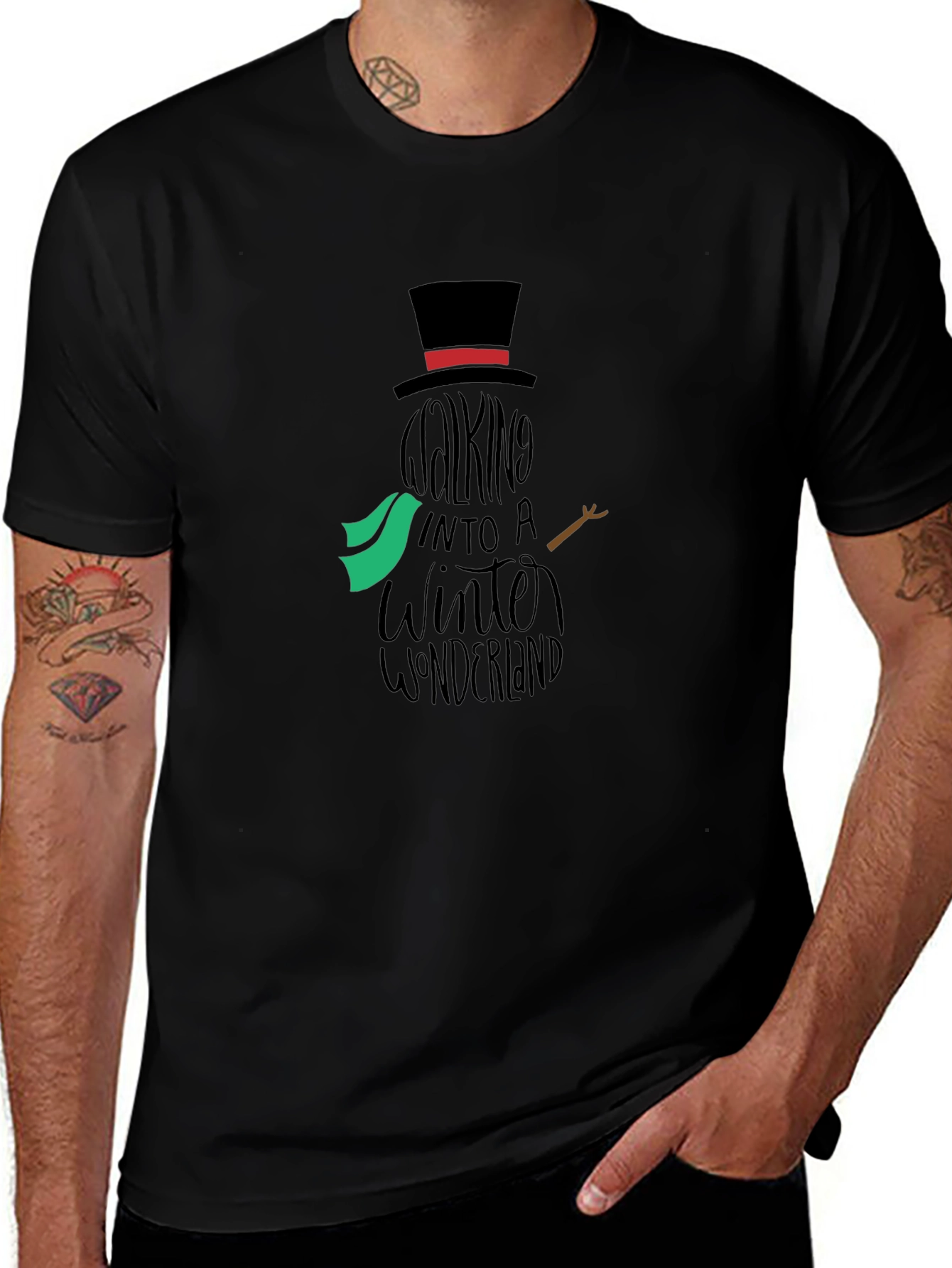 Camiseta Negra con Diseño de Muñeco de Nieve Invernal