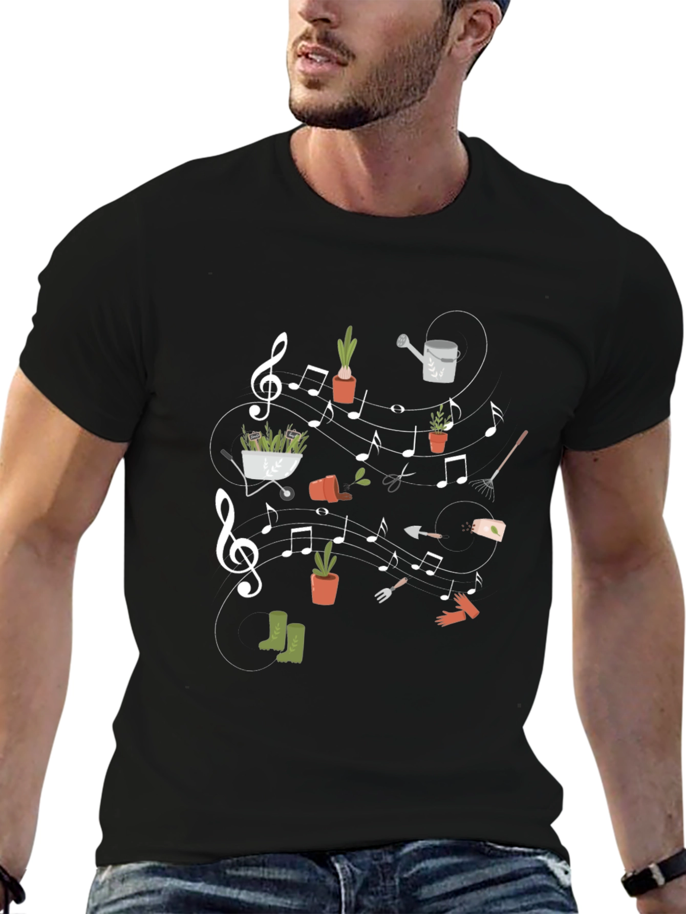 Camiseta Negra con Diseño de Jardinería Musical