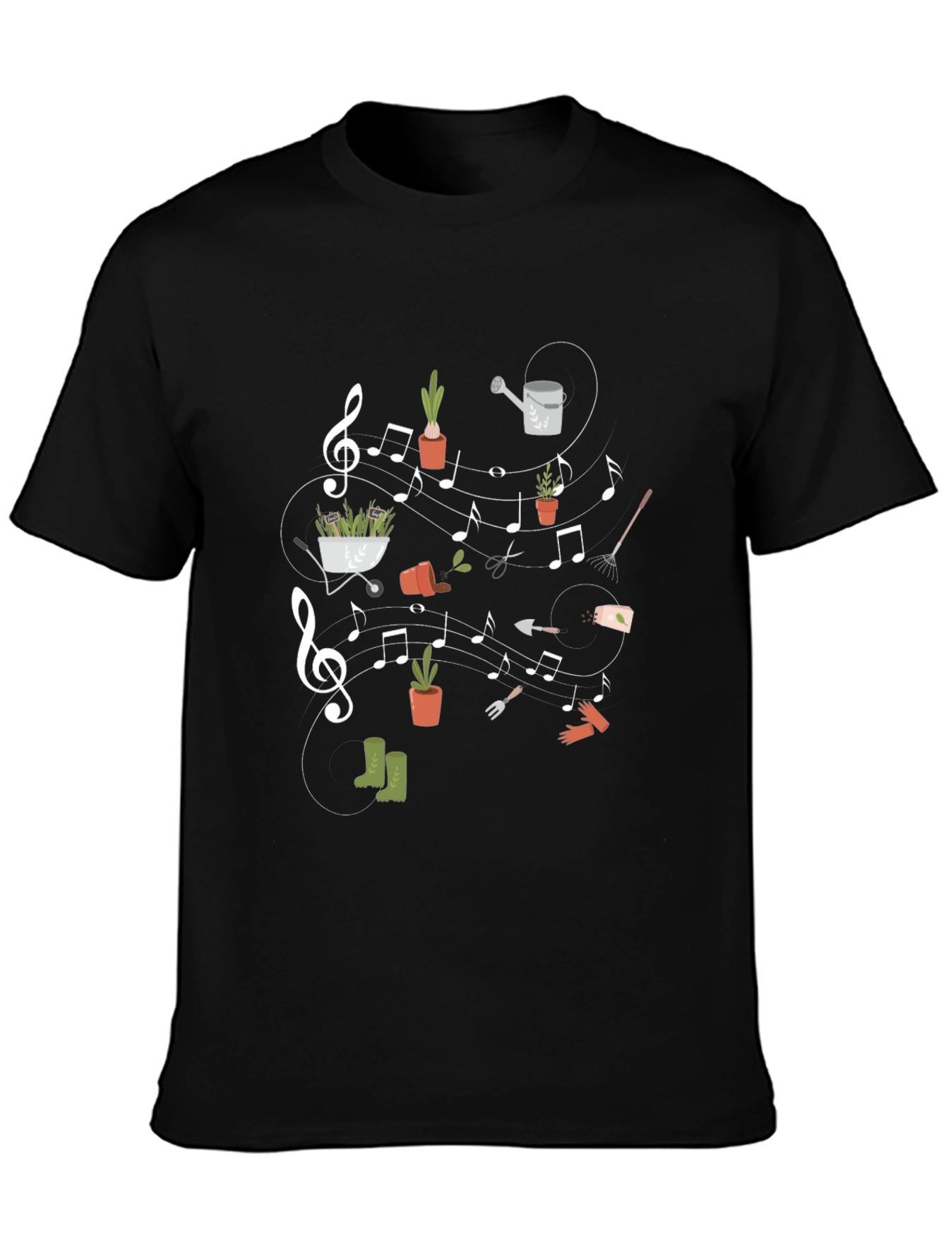Camiseta Negra con Diseño de Jardinería Musical