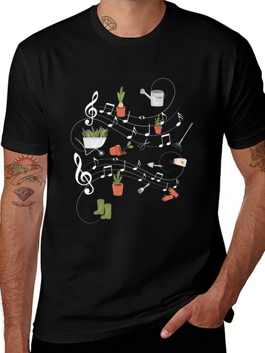 Camiseta Negra con Diseño de Jardinería Musical