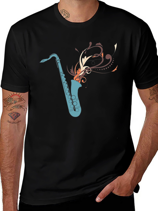 Camiseta Negra con Diseño de Saxofón Abstracto