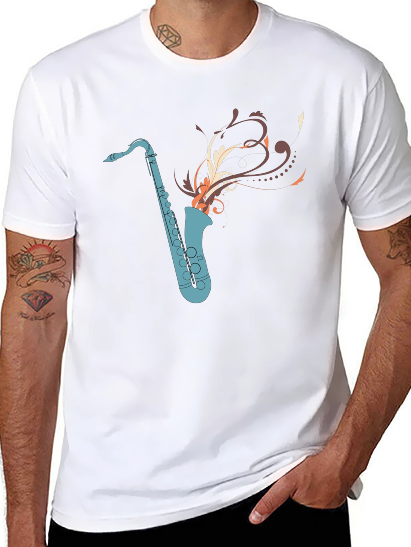 Camiseta Negra con Diseño de Saxofón Abstracto