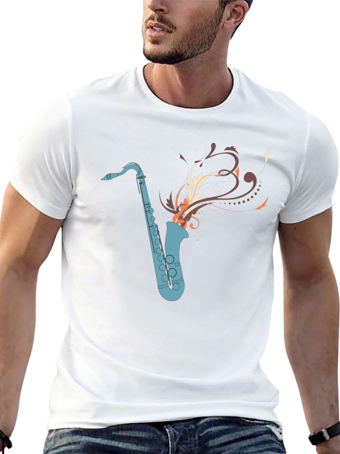 Camiseta Negra con Diseño de Saxofón Abstracto