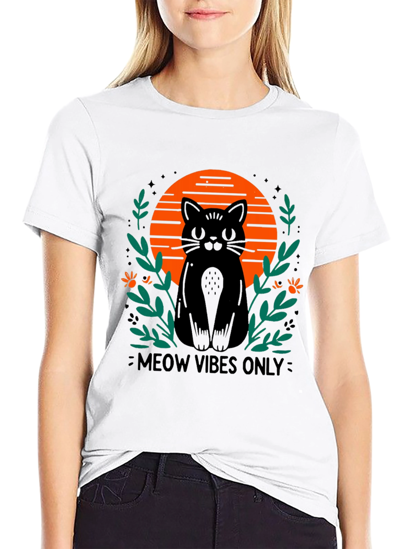 Camiseta Negra Meow Vibes Only con Diseño de Gato