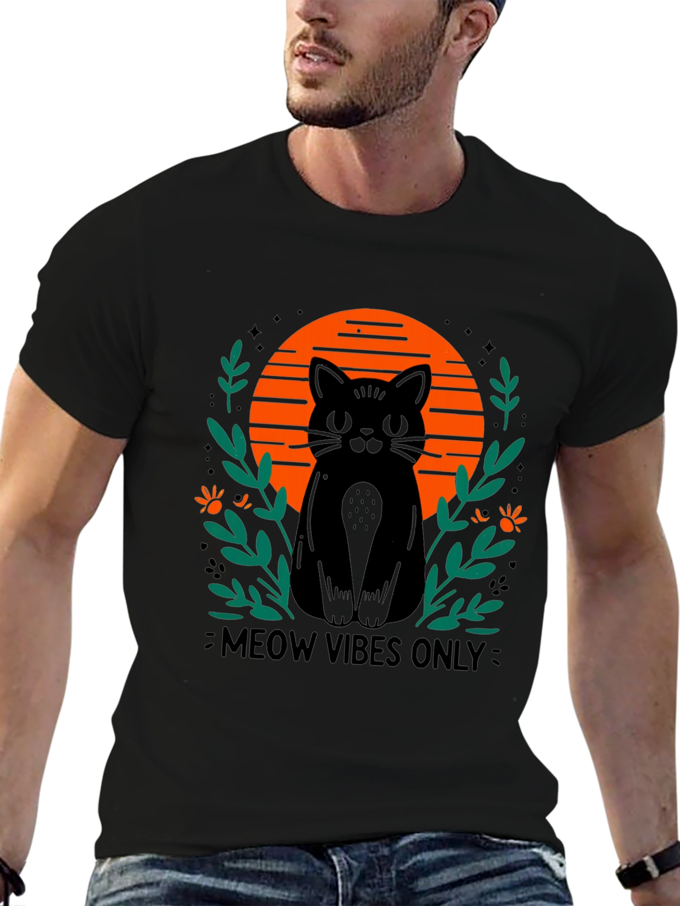 Camiseta Negra Meow Vibes Only con Diseño de Gato