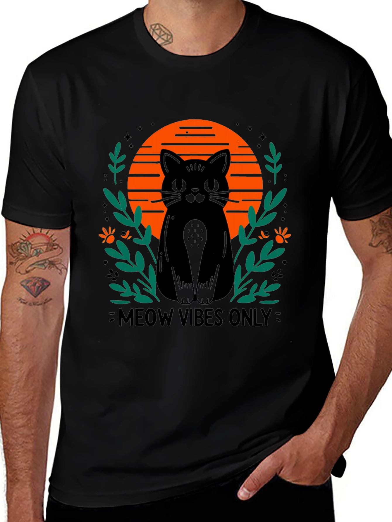 Camiseta Negra Meow Vibes Only con Diseño de Gato
