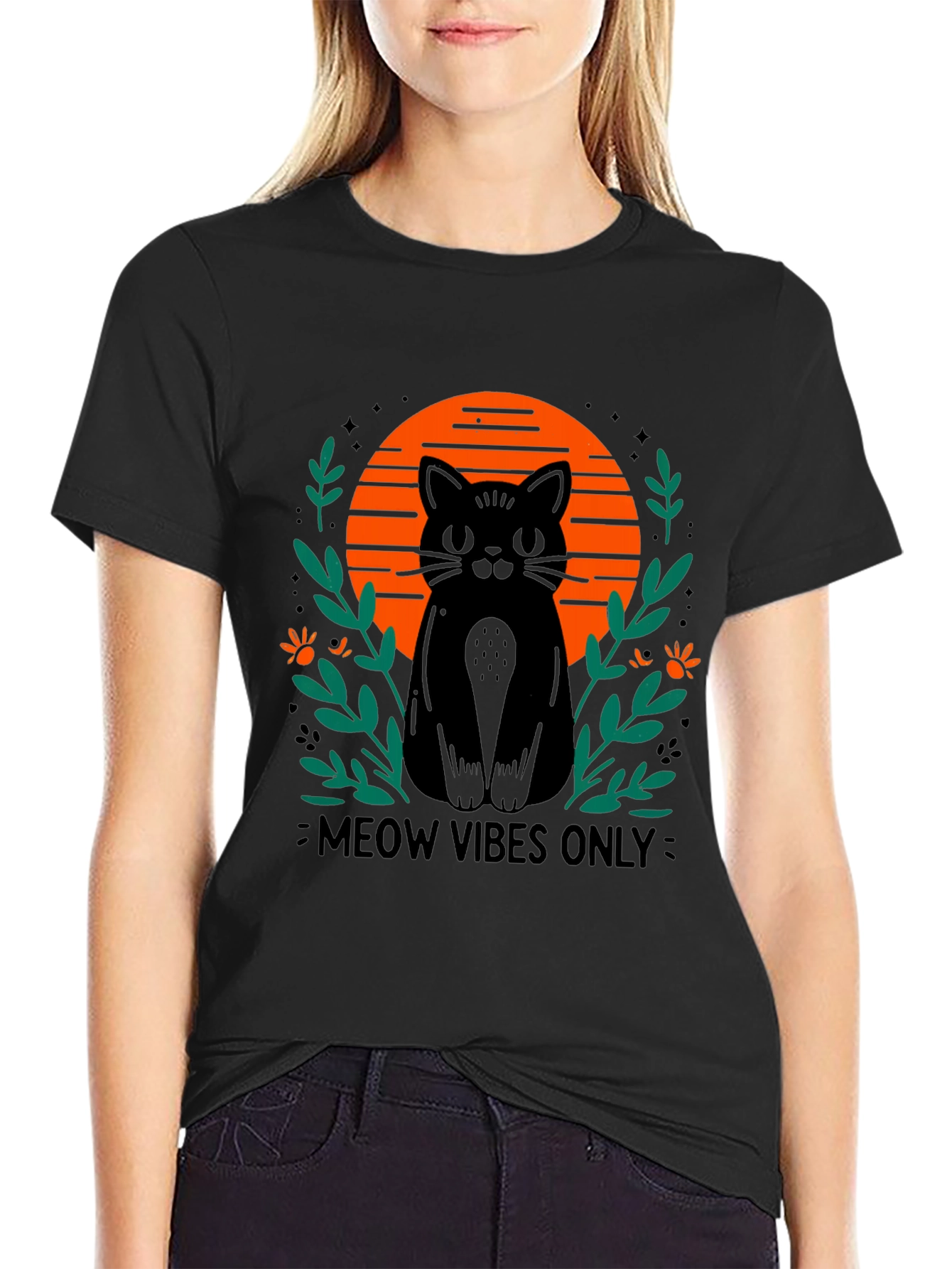 Camiseta Negra Meow Vibes Only con Diseño de Gato