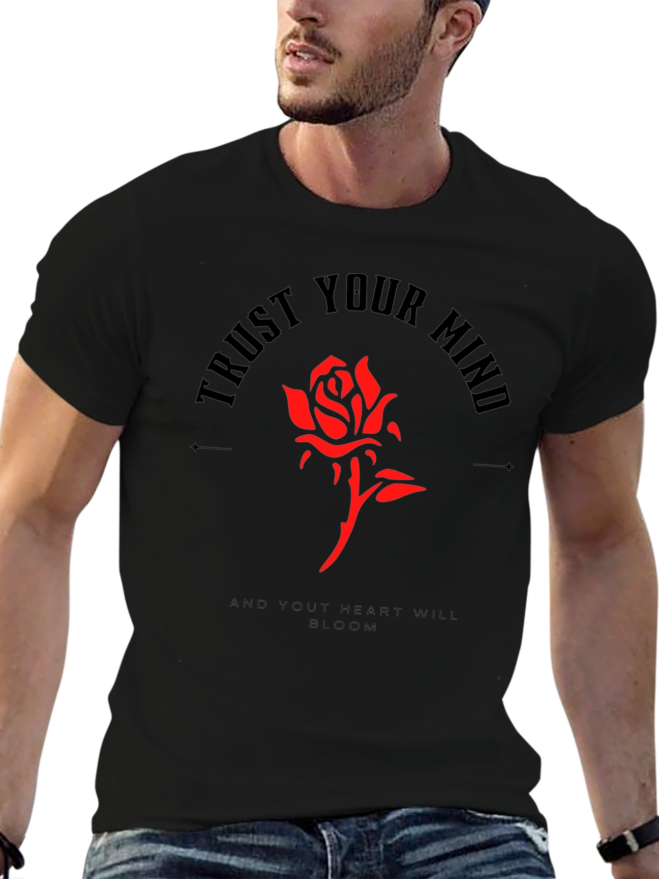 Camiseta Negra Confía en tu mente con Rosa Roja