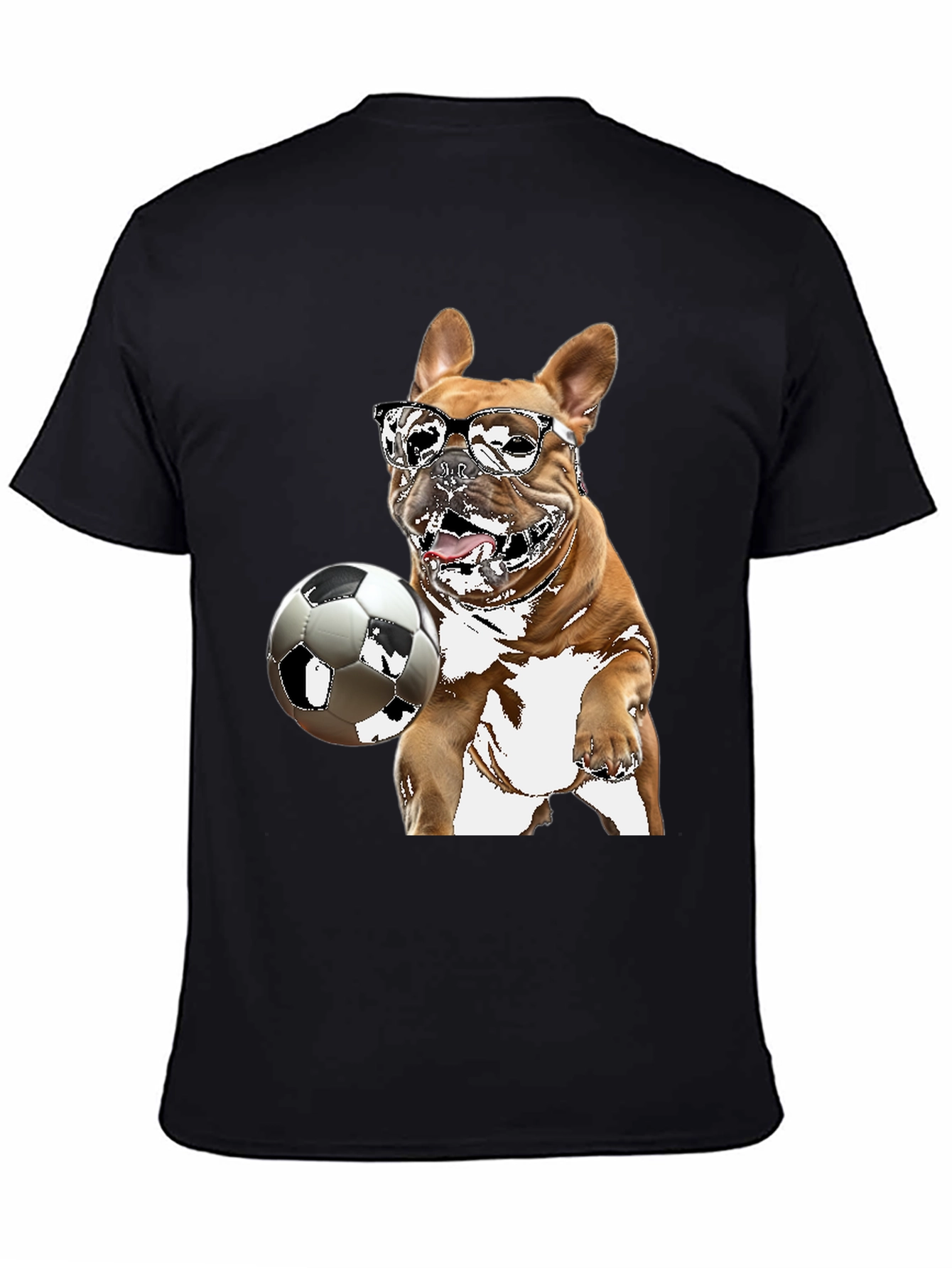 Camiseta Negra con Bulldog Francés Jugando Fútbol