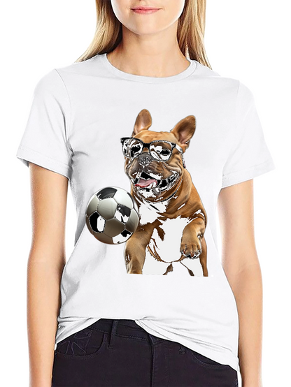 Camiseta Negra con Bulldog Francés Jugando Fútbol