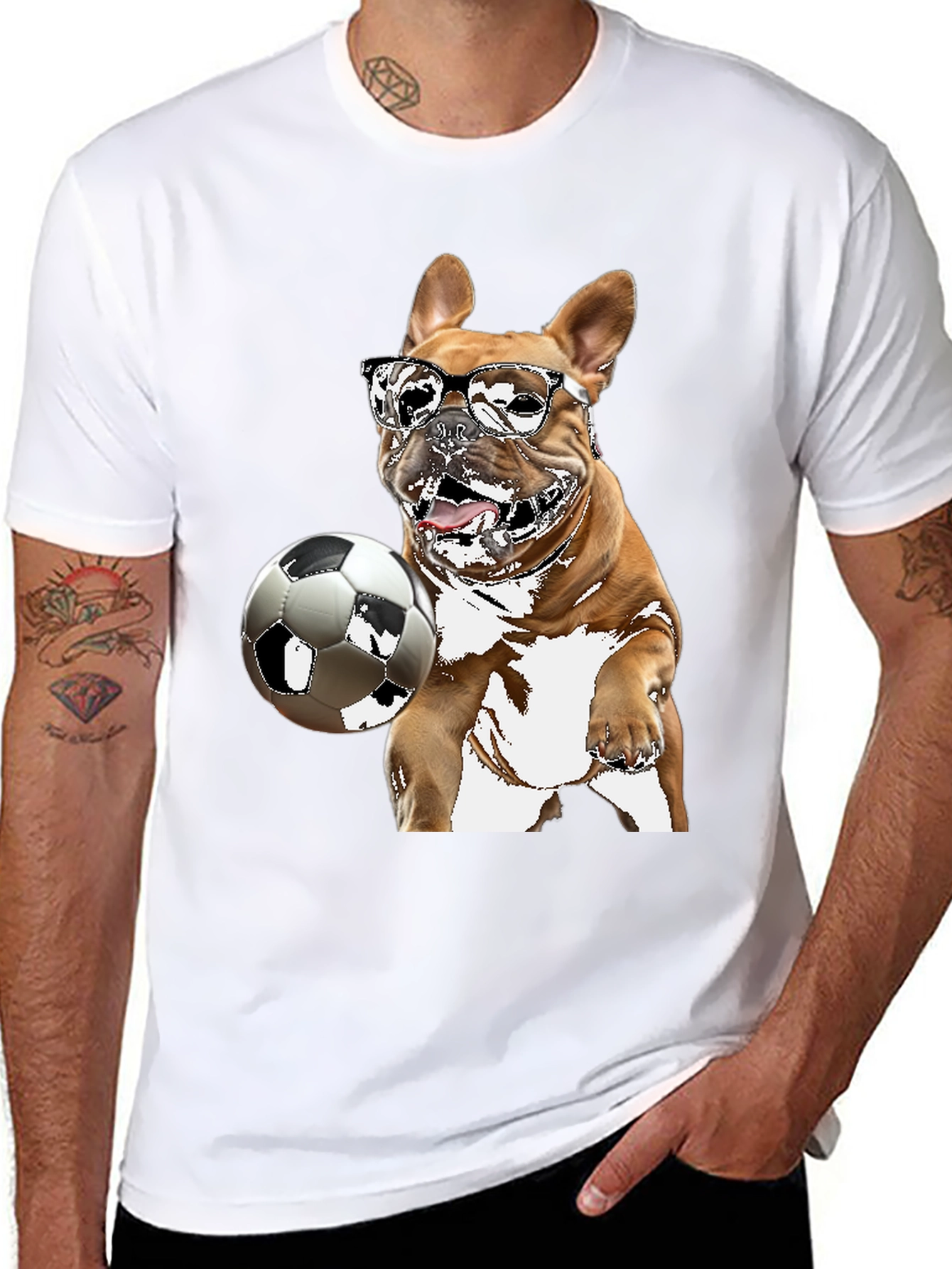 Camiseta Negra con Bulldog Francés Jugando Fútbol