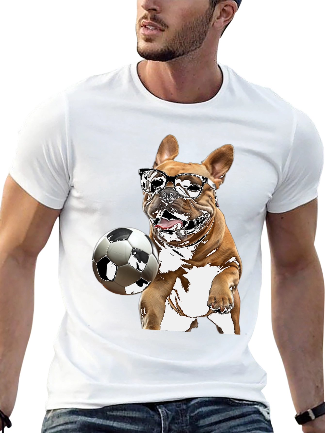 Camiseta Negra con Bulldog Francés Jugando Fútbol