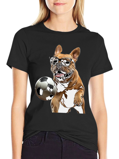 Camiseta Negra con Bulldog Francés Jugando Fútbol