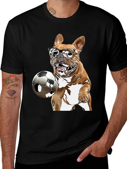 Camiseta Negra con Bulldog Francés Jugando Fútbol