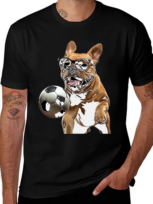 Camiseta Negra con Bulldog Francés Jugando Fútbol