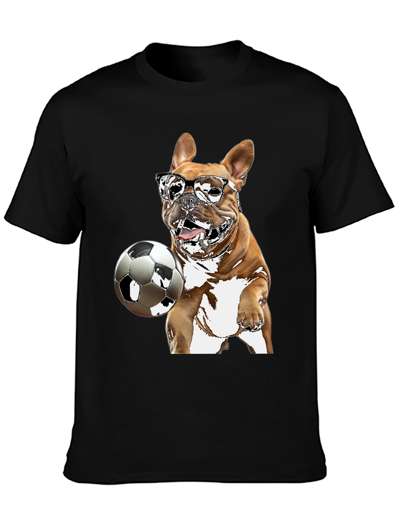 Camiseta Negra con Bulldog Francés Jugando Fútbol