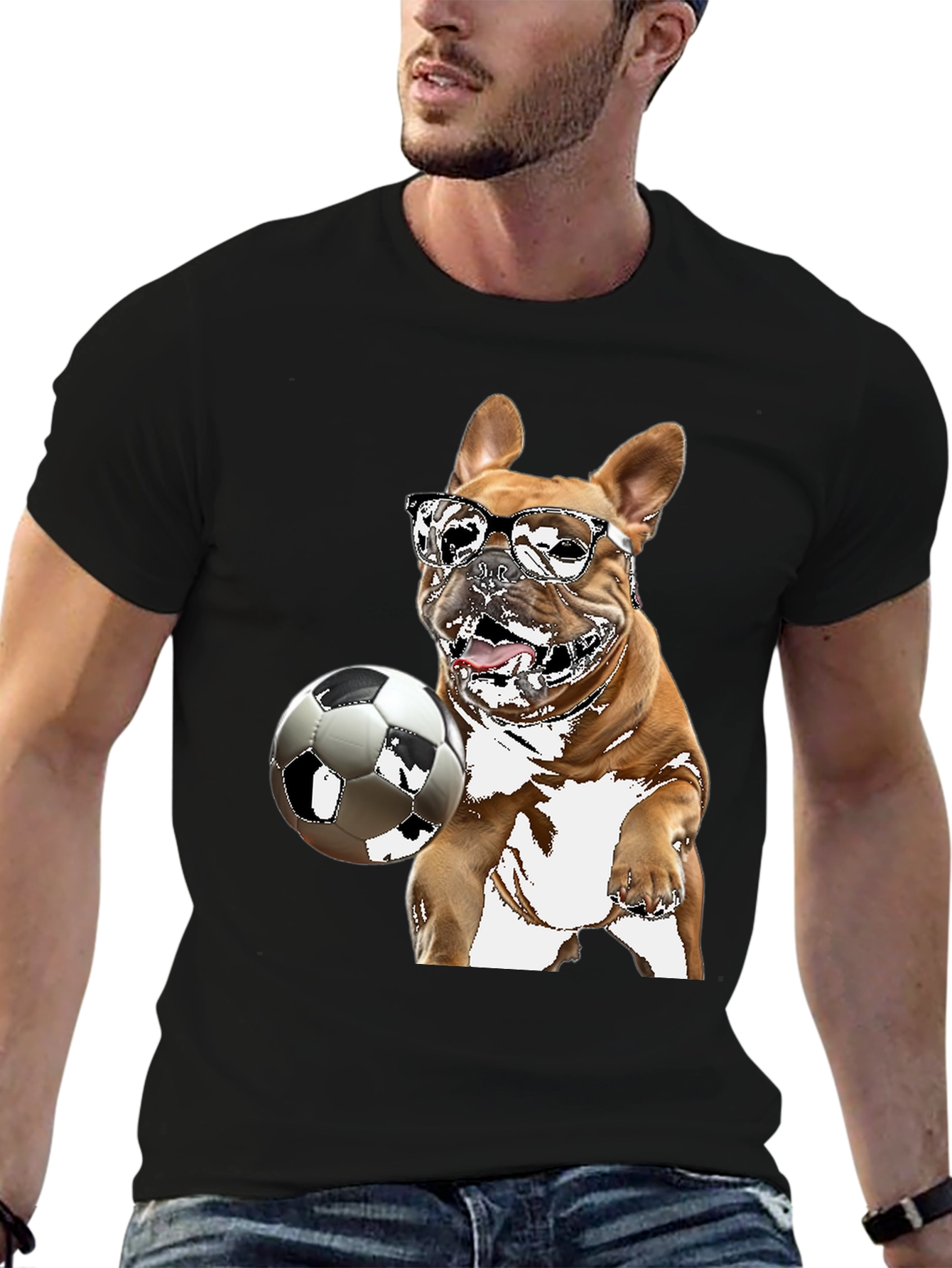 Camiseta Negra con Bulldog Francés Jugando Fútbol
