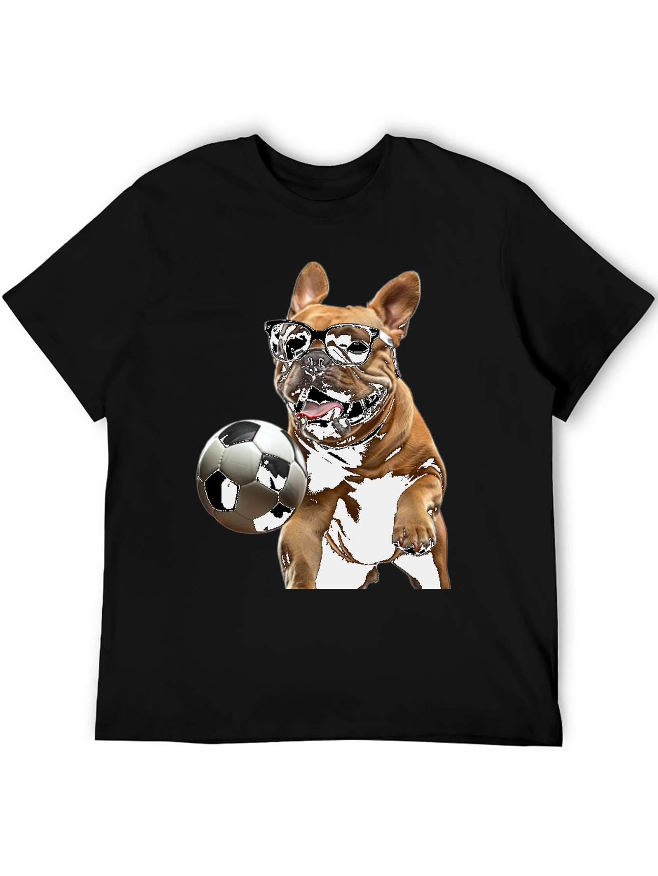 Camiseta Negra con Bulldog Francés Jugando Fútbol