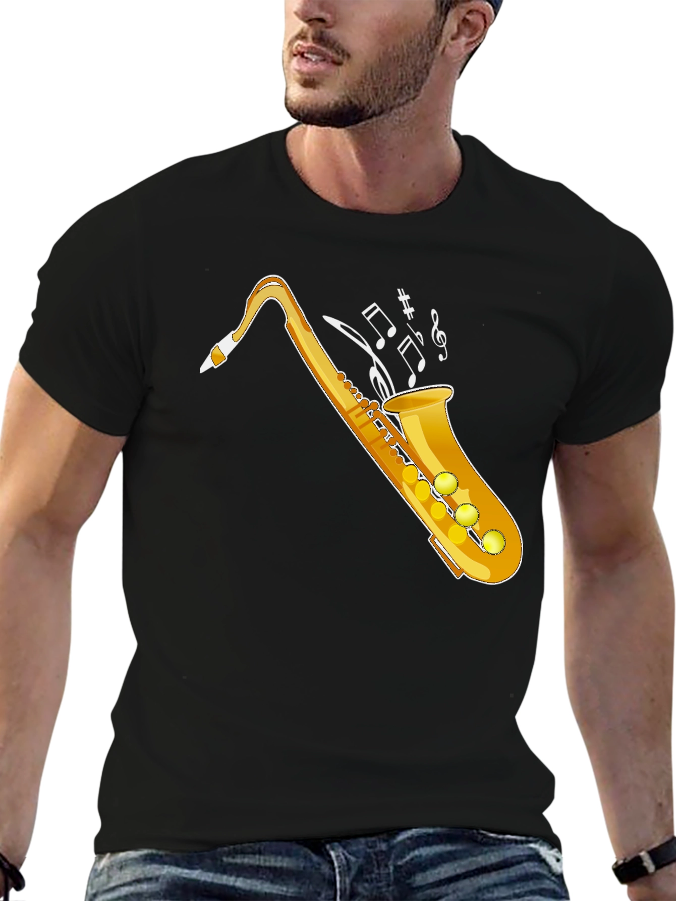 Camiseta Negra con Diseño de Saxofón Dorado